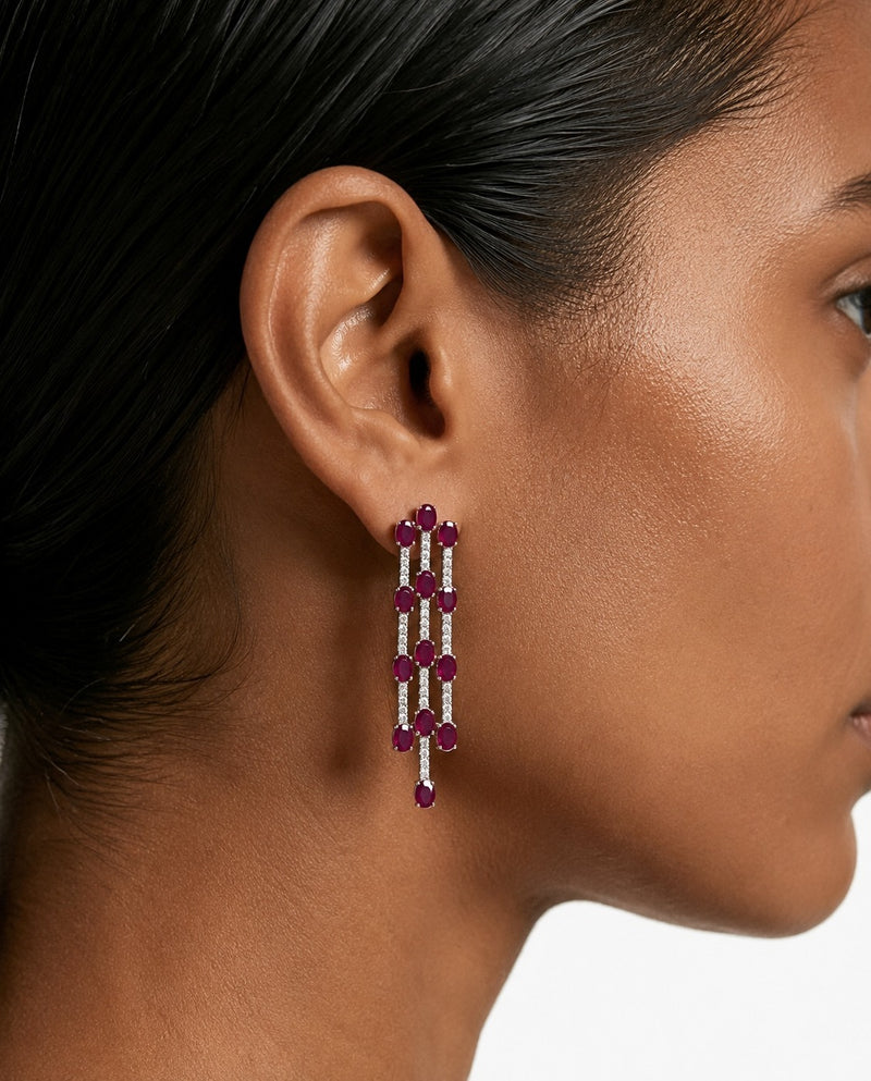 Lunette Ruby & Diamond-Like Zircon Detailing Multi Layered Necklace Set (Necklace & Earrings)