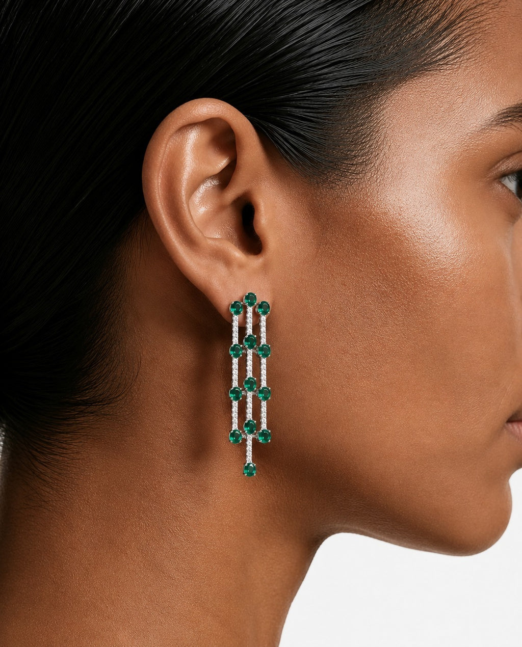 Lunette Emerald & Diamond-Like Zircon Detailing Multi Layered Necklace Set (Necklace & Earrings)
