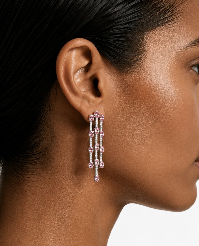 Lunette Pink & Diamond-Like Zircon Detailing Multi Layered Necklace Set (Necklace & Earrings)