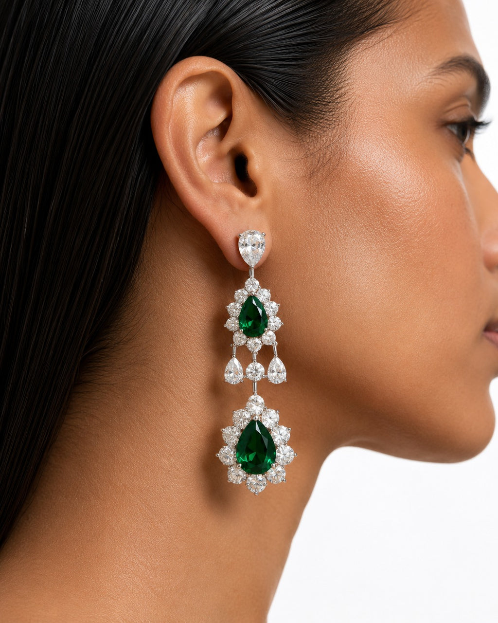 Hijl Emerald & Diamond Like Drops Necklace Set (Necklace & Earrings)