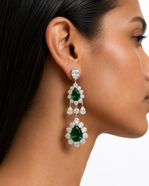 Hijl Emerald & Diamond Like Drops Necklace Set (Necklace & Earrings)
