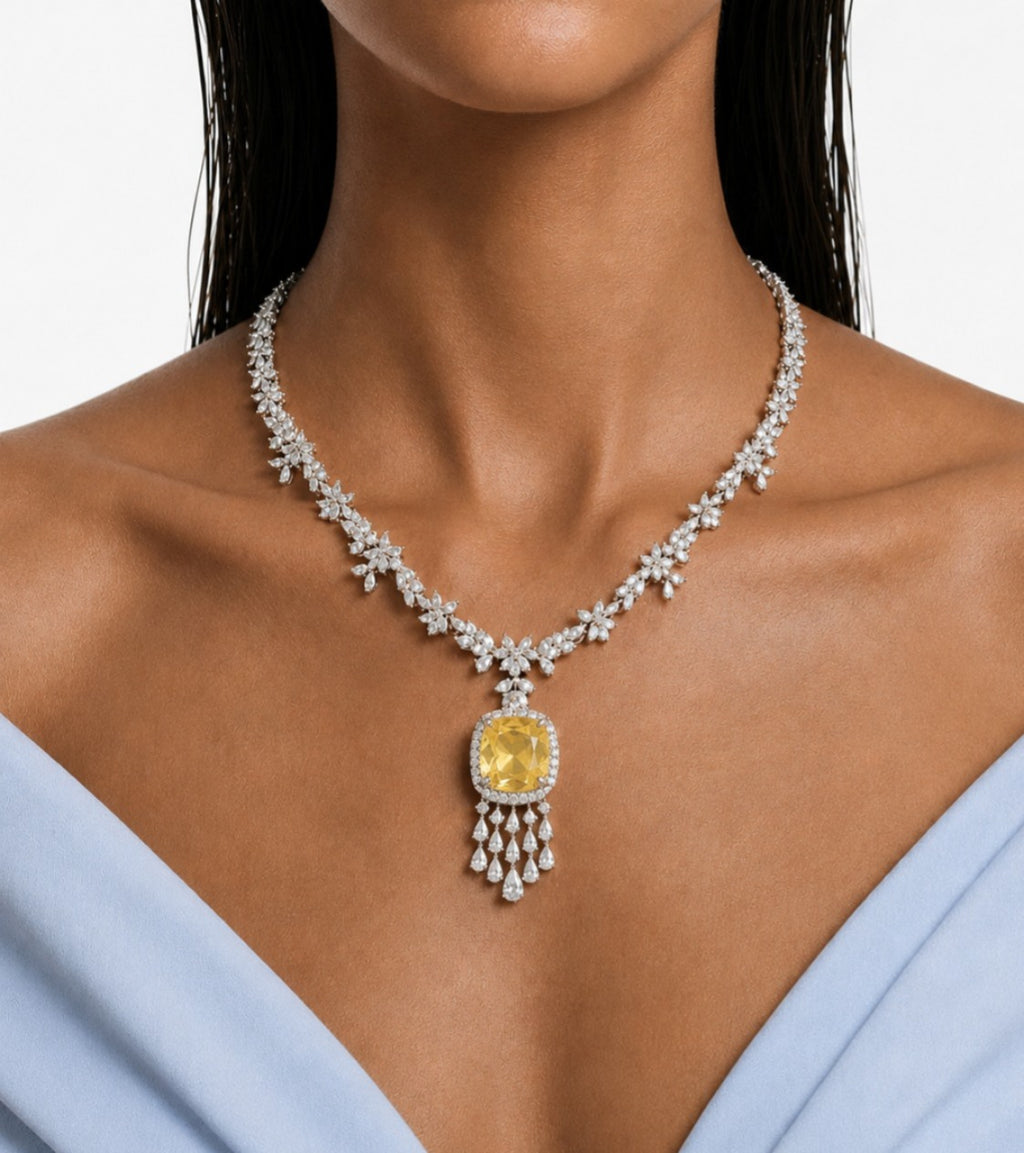 Regalia Citrine Square Diamond-Like Zircon Statement Pendant Necklace Set (Necklace & Earrings)