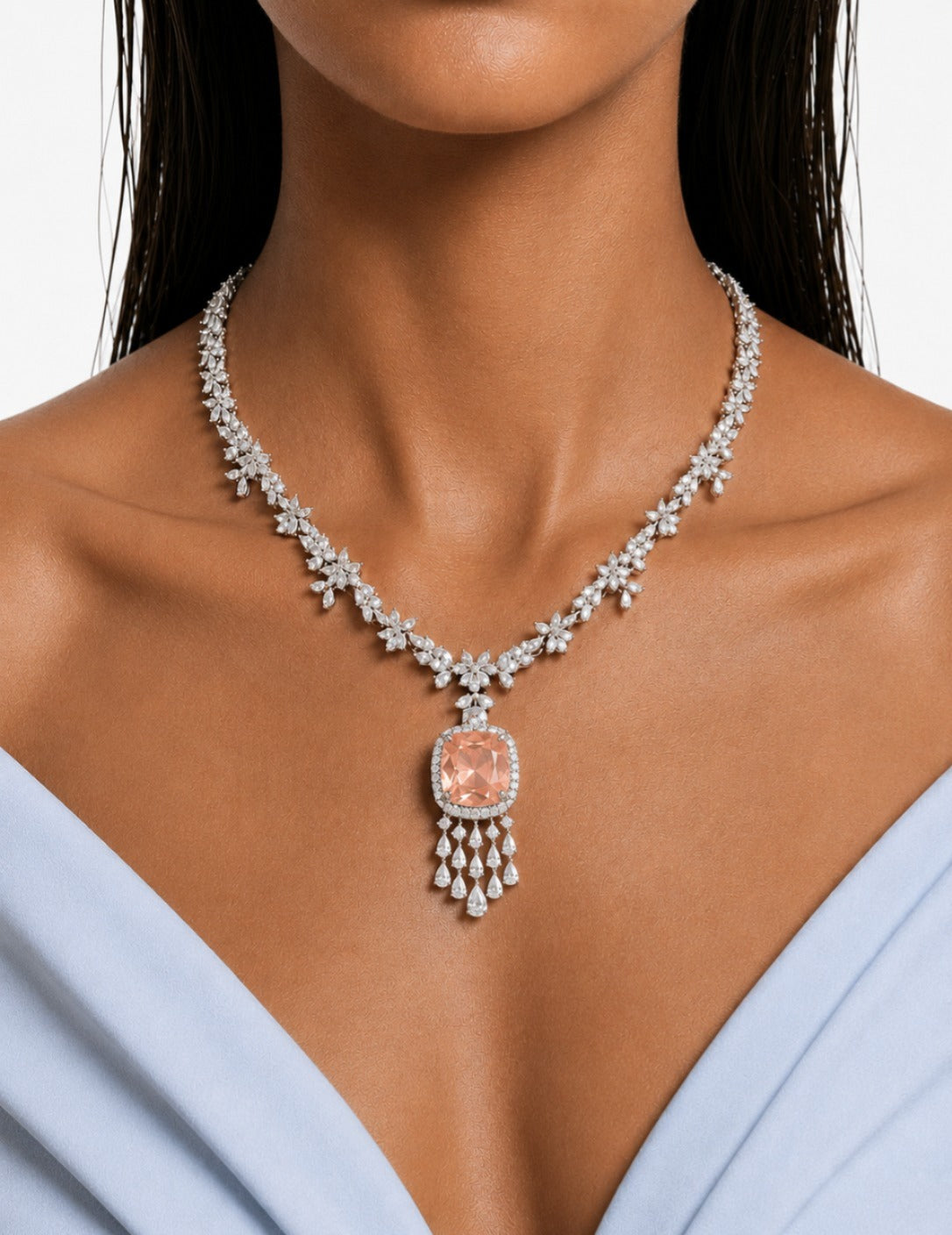 Regalia Peach Square Diamond-Like Zircon Statement Pendant Necklace Set (Necklace & Earrings)
