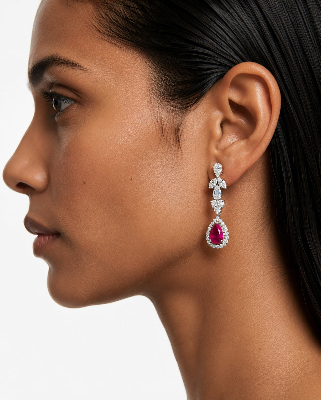 Alya Ruby Teardrop Diamond-Like Zircon Statement Necklace Set (Necklace & Earrings)