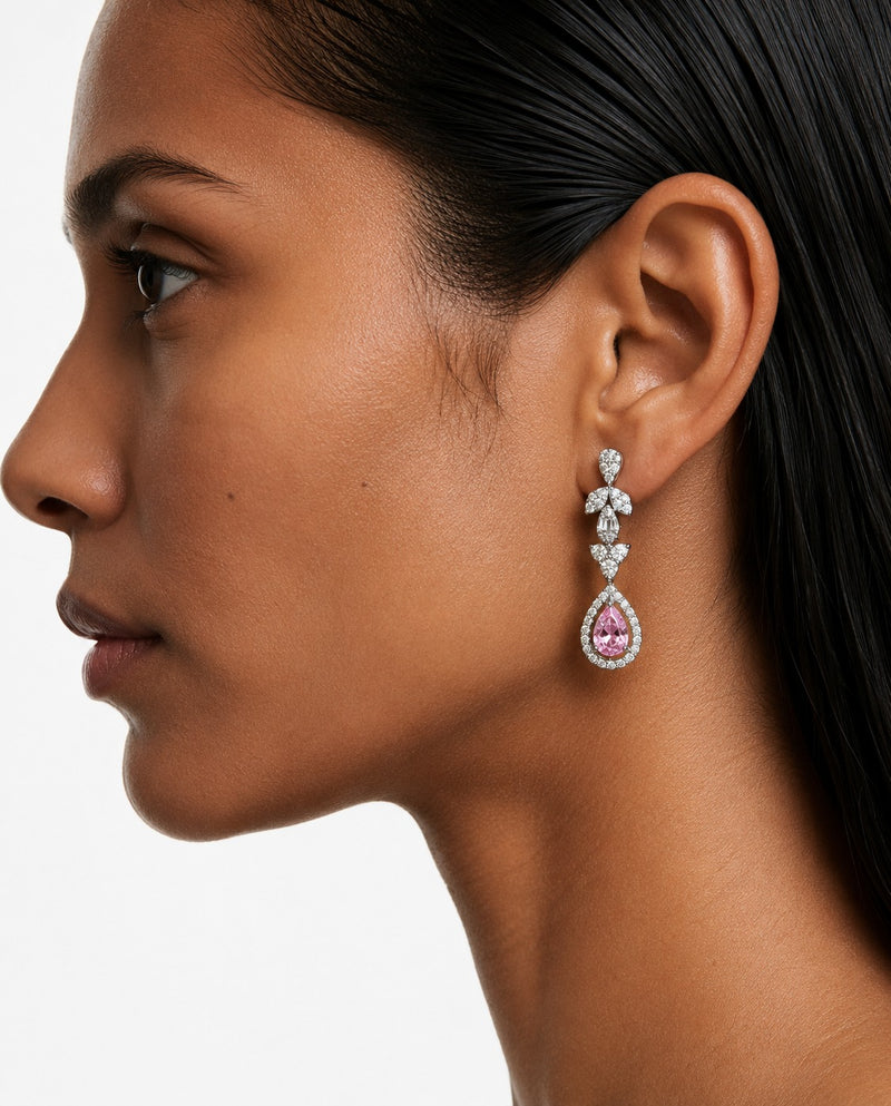 Alya Pink Teardrop Diamond-Like Zircon Statement Necklace Set (Necklace & Earrings)