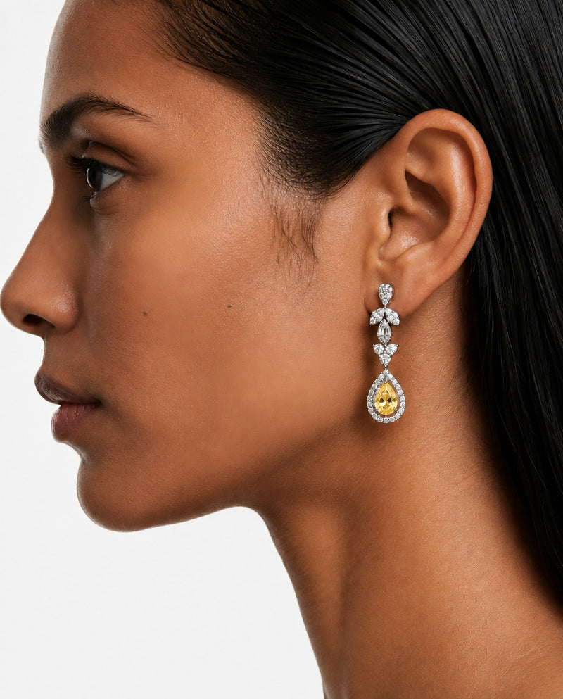 Alya Citrine Teardrop Diamond-Like Zircon Statement Necklace Set (Necklace & Earrings)