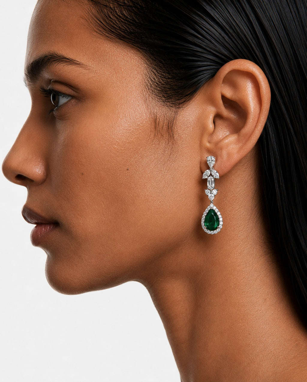 Alya Emerald Teardrop Diamond-Like Zircon Statement Necklace Set (Necklace & Earrings)