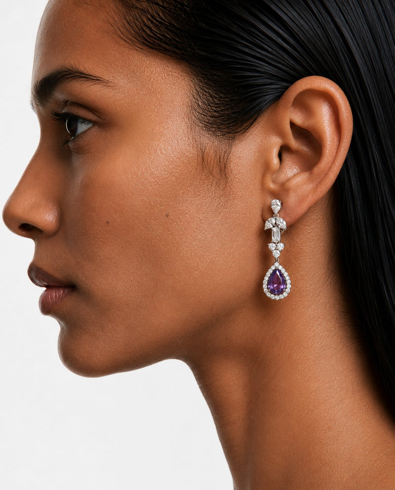 Alya Purple Teardrop Diamond-Like Zircon Statement Necklace Set (Necklace & Earrings)