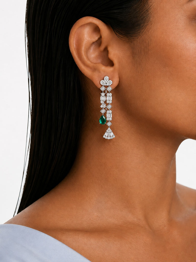 Vivienne Fan Emerald Drop & Diamond-Like Zircon Statement Necklace Set (Necklace & Earrings)