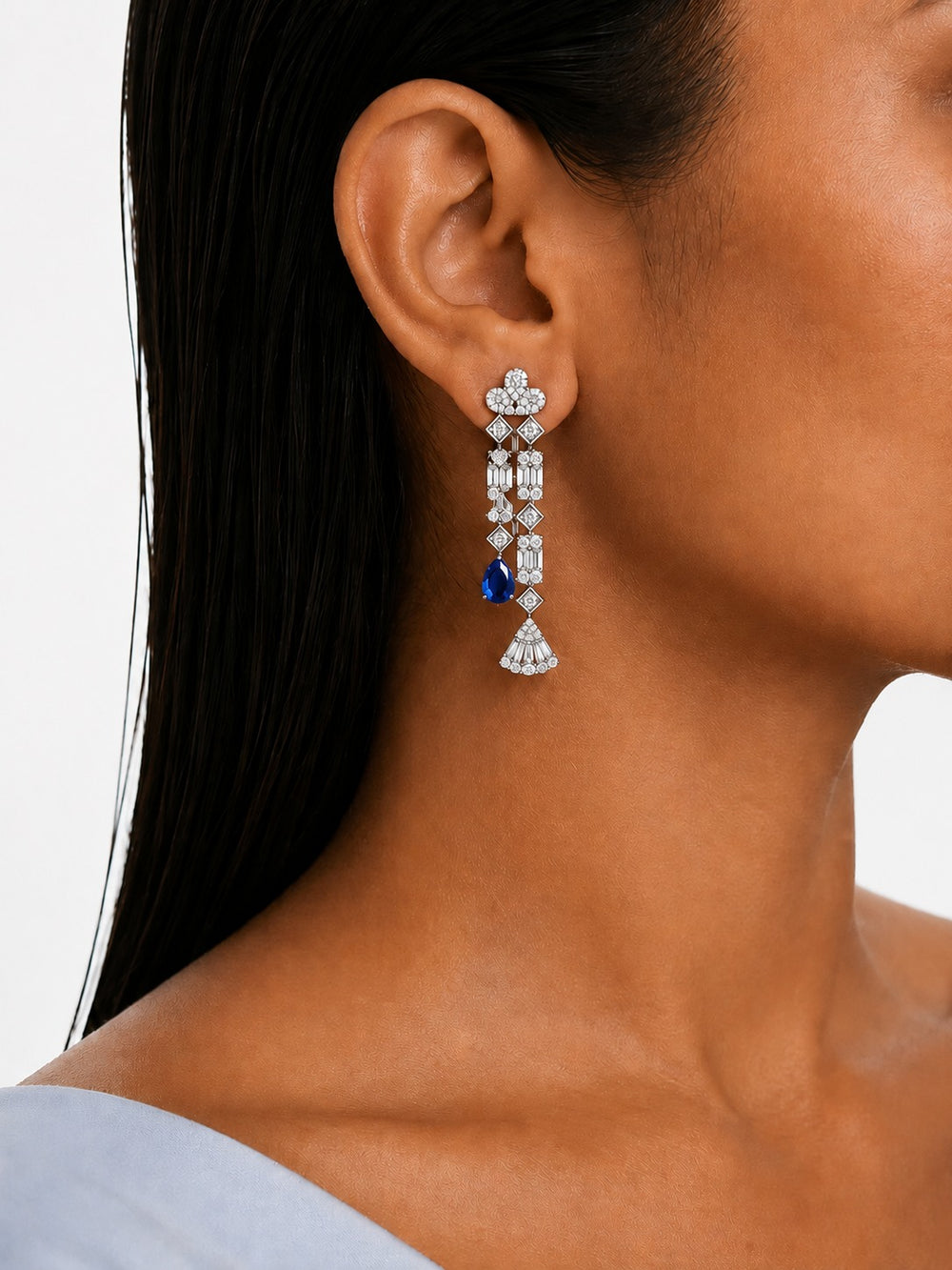 Vivienne Fan Sapphire Drop & Diamond-Like Zircon Statement Necklace Set (Necklace & Earrings)