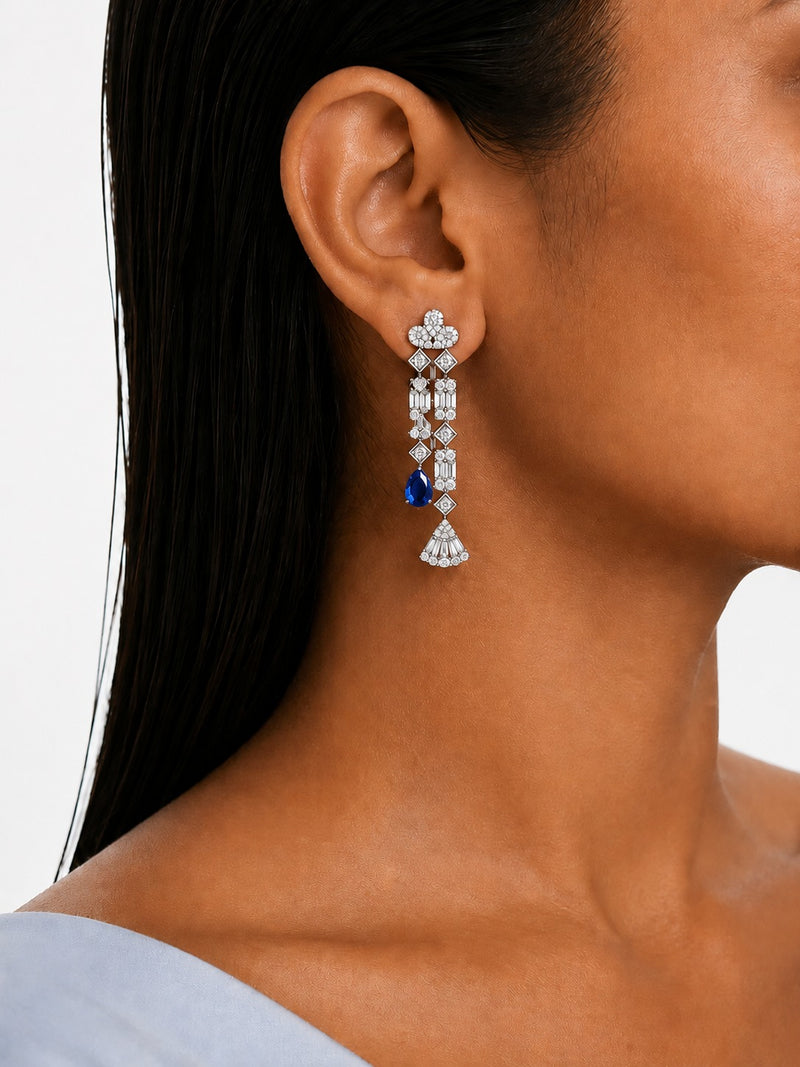 Vivienne Fan Sapphire Drop & Diamond-Like Zircon Statement Necklace Set (Necklace & Earrings)