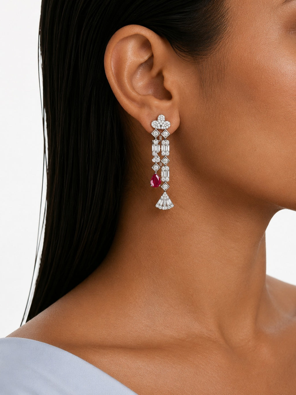 Vivienne Fan Ruby Drop & Diamond-Like Zircon Statement Necklace Set (Necklace & Earrings)