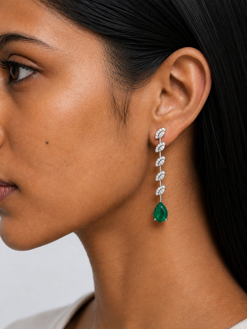 The Evora Emerald Drops & Diamond-Like Zircon Statement  Necklace Set (Necklace & Earrings)