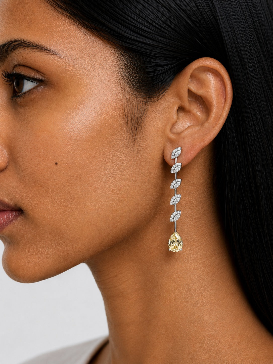 The Evora Citrine Drops & Diamond-Like Zircon Statement Necklace Set (Necklace & Earrings)
