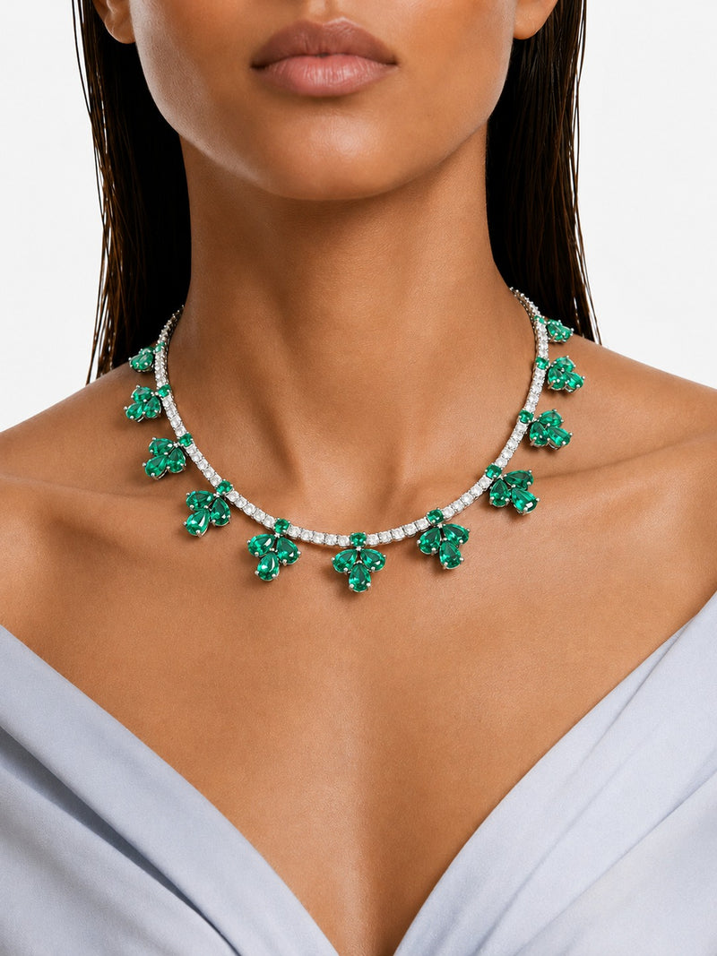 Fiorella Emerald Diamond-Like Zircon Statement Pendant Necklace Set (Necklace & Earrings)