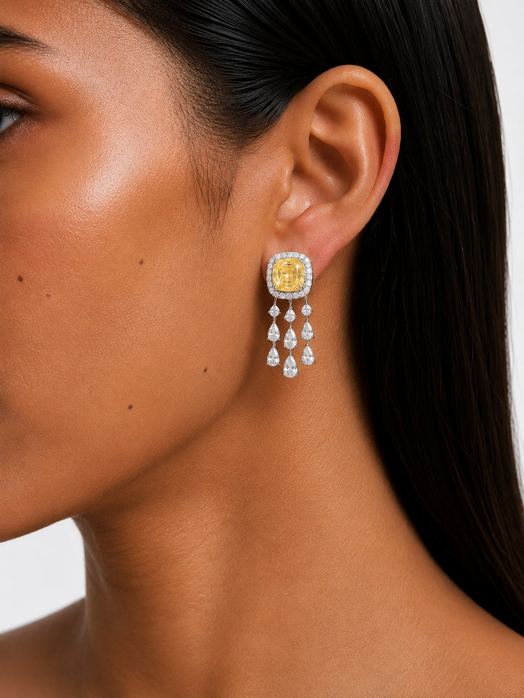 Regalia Citrine Square Diamond-Like Zircon Statement Pendant Necklace Set (Necklace & Earrings)
