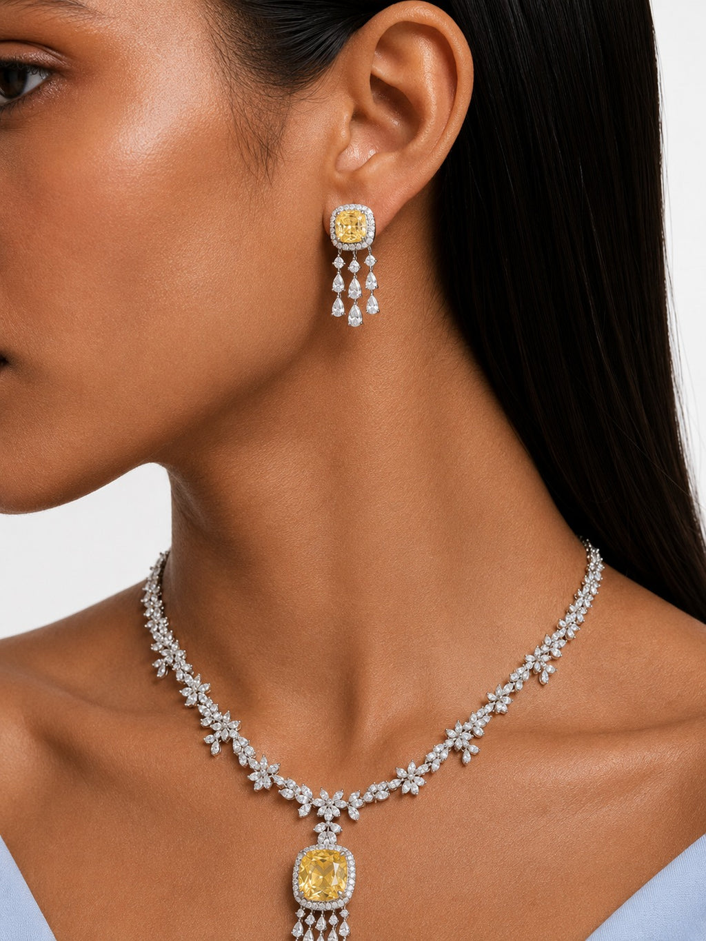 Regalia Citrine Square Diamond-Like Zircon Statement Pendant Necklace Set (Necklace & Earrings)