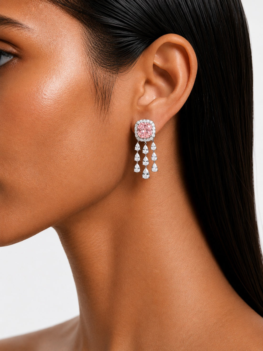 Regalia Pink Square Diamond-Like Zircon Statement Pendant Necklace Set (Necklace & Earrings)