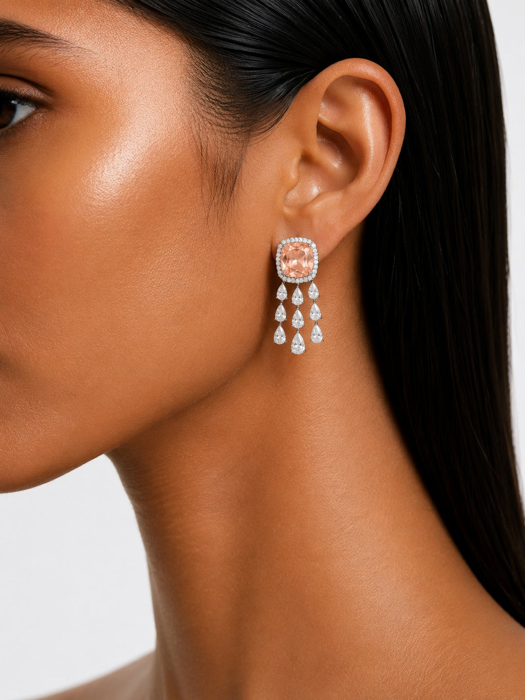 Regalia Peach Square Diamond-Like Zircon Statement Pendant Necklace Set (Necklace & Earrings)
