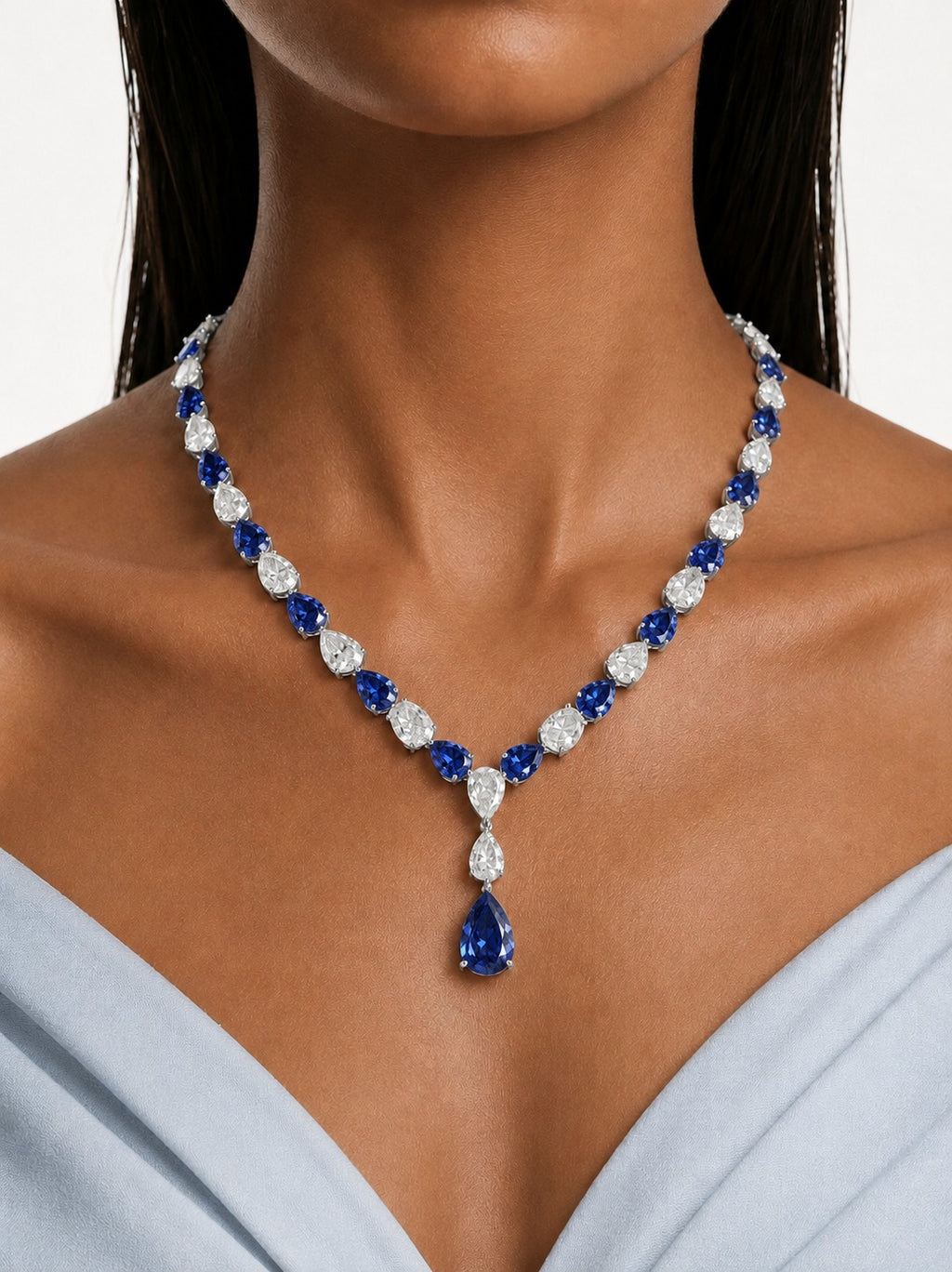 Samira Pear Drop Sapphire and Diamond-Like Zircon Statement Necklace Set (Necklace & Earrings)
