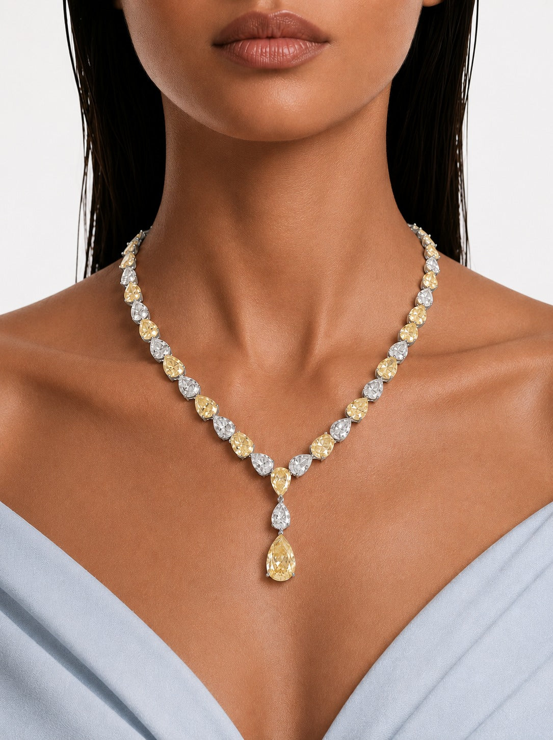 Samira Pear Drop Citrine and Diamond-Like Zircon Statement Necklace Set (Necklace & Earrings)