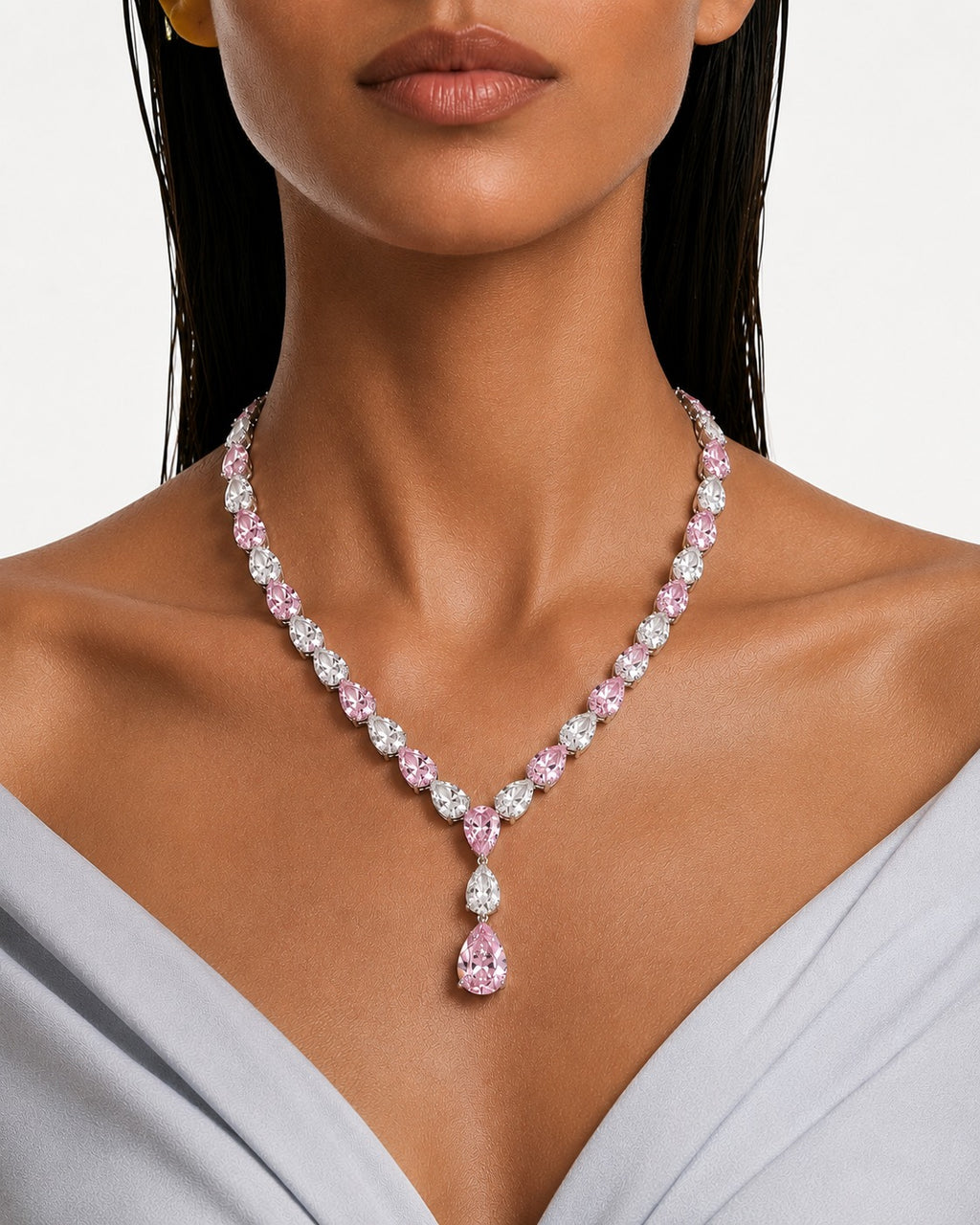 Samira Pear Drop Pink and Diamond-Like Zircon Statement Necklace Set (Necklace & Earrings)