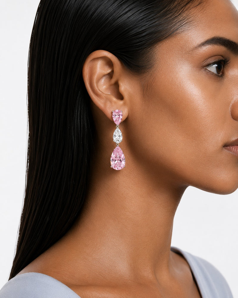 Samira Pear Drop Pink and Diamond-Like Zircon Statement Necklace Set (Necklace & Earrings)