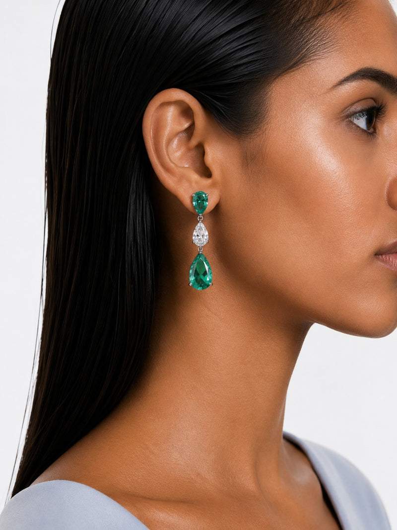 Samira Pear Drop Emerald and Diamond-Like Zircon Statement Necklace Set (Necklace & Earrings)