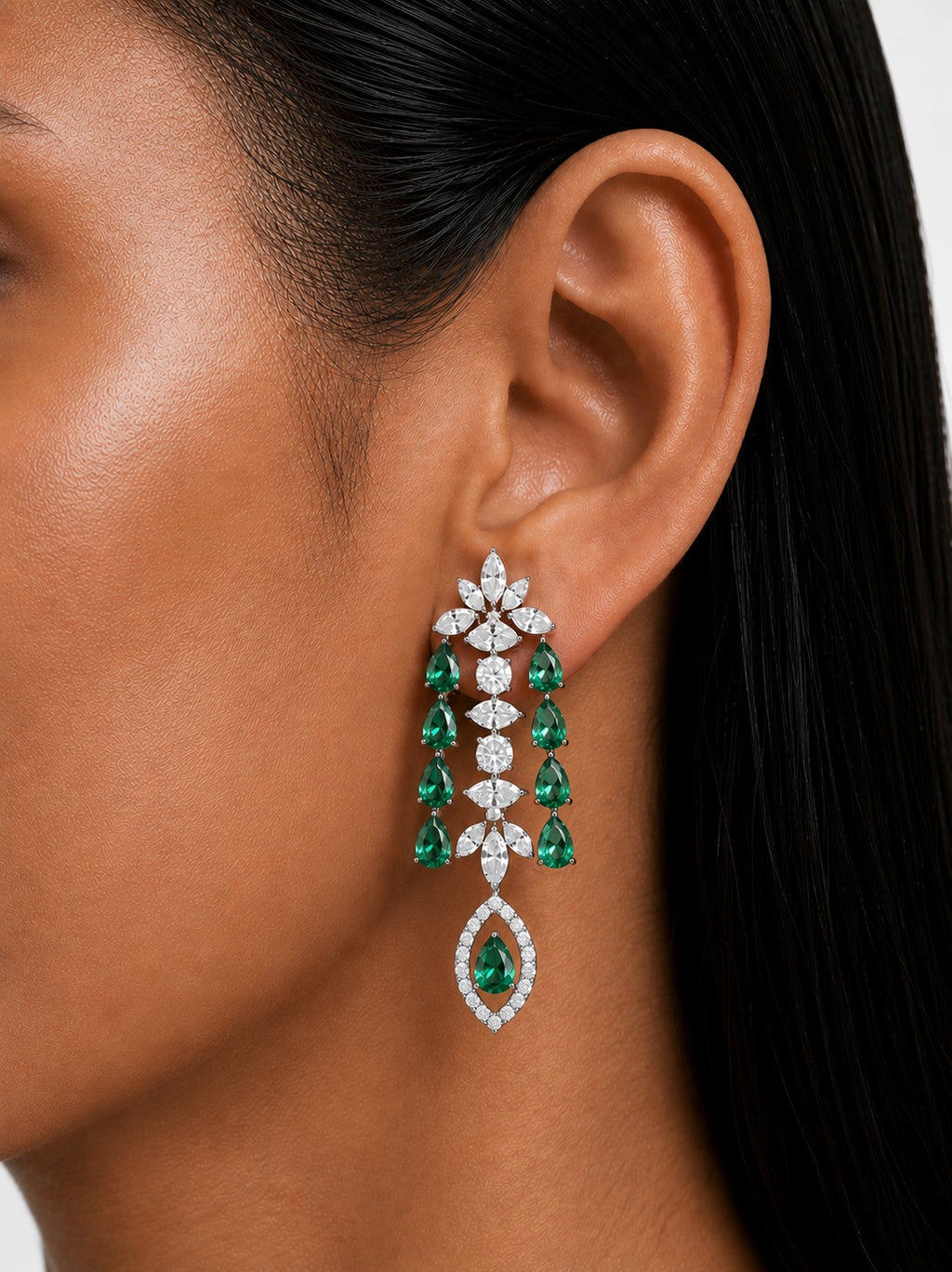 Imperia Emerald And Diamond-Like Zircon Statement Necklace Set (Necklace & Earrings)