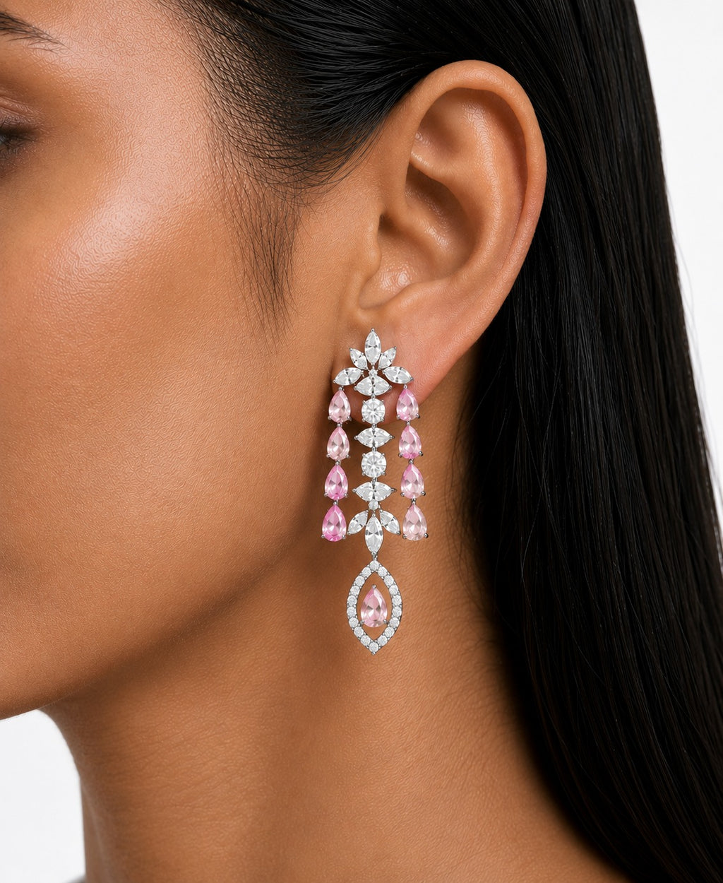 Imperia Pink And Diamond-Like Zircon Statement Necklace Set (Necklace & Earrings)