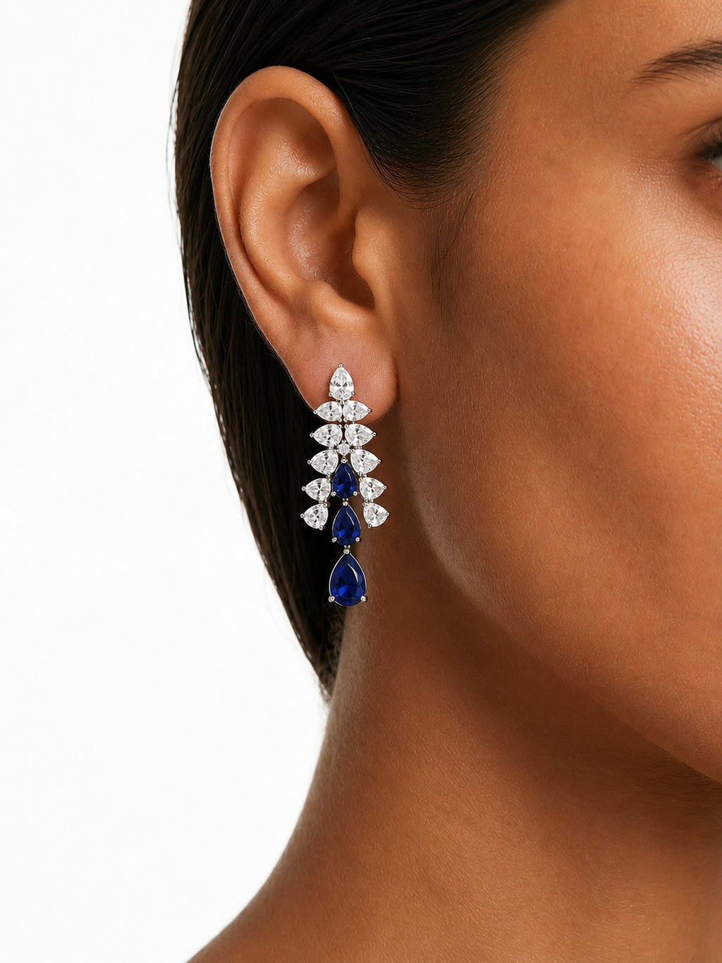 Azure Sapphire Droplets Diamond-Like Zircon Statement Pendant Necklace Set (Necklace & Earrings)