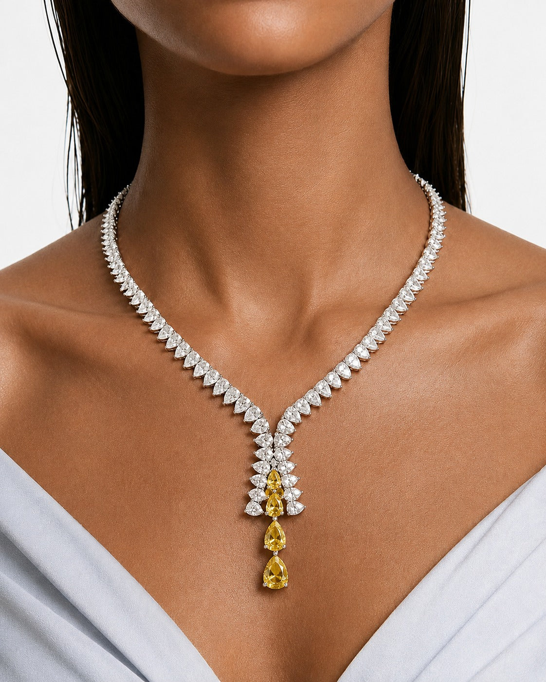 Azure Citrine Droplets Diamond-Like Zircon Statement Pendant Necklace Set (Necklace & Earrings)