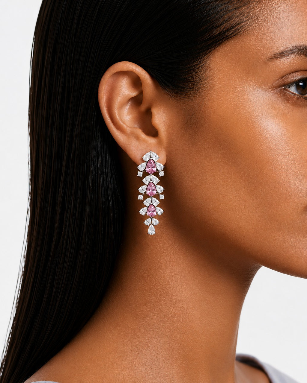 Eden Floral Pink & Diamond-Like Zircon Statement  Necklace Set (Necklace & Earrings)