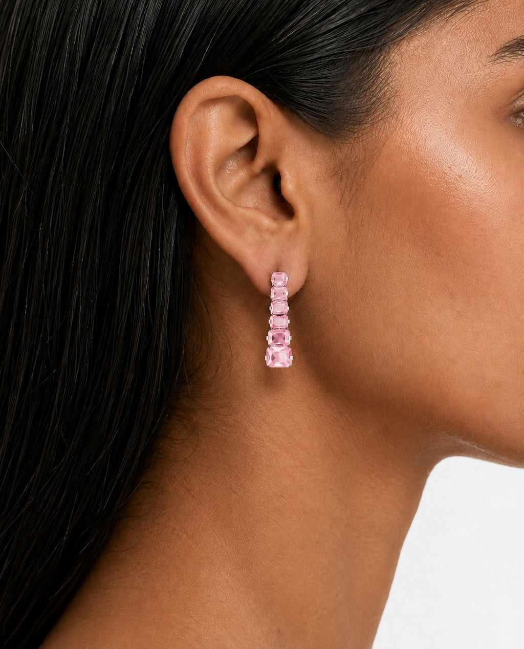 Zayna Baguette Pink & Zircon Diamond Single Line Tennis Necklace Set (Necklace & Earrings)