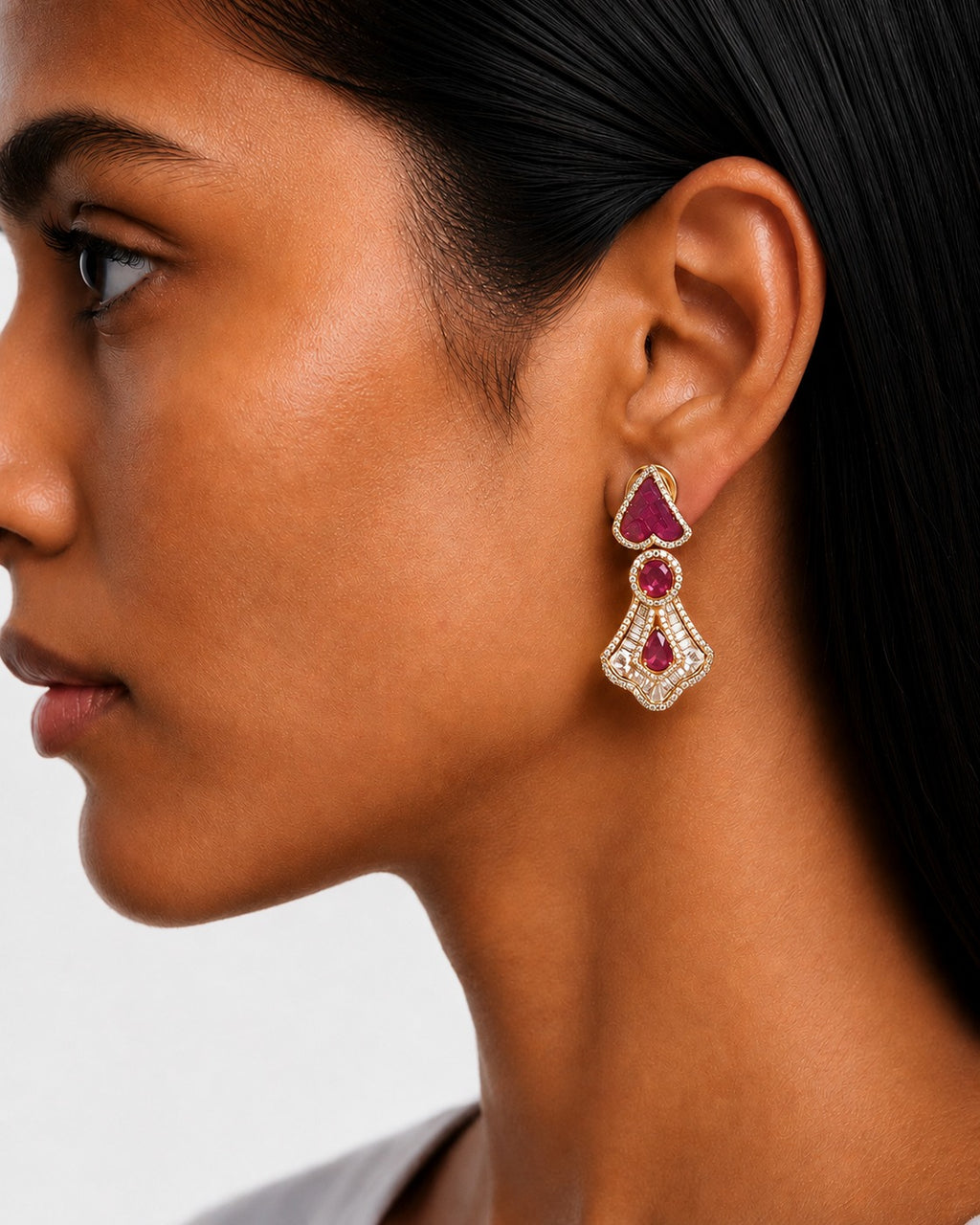 Jharokha Ruby Diamond-Like Zircon Statement Pendant Necklace Set (Necklace & Earrings)