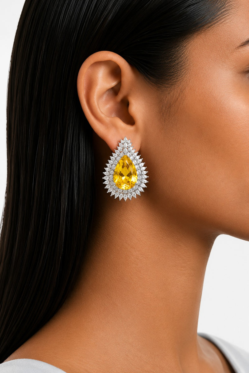 Veloura Citrine & Zircon Diamond Like Double-Layer Necklace Set (Necklace & Earrings)
