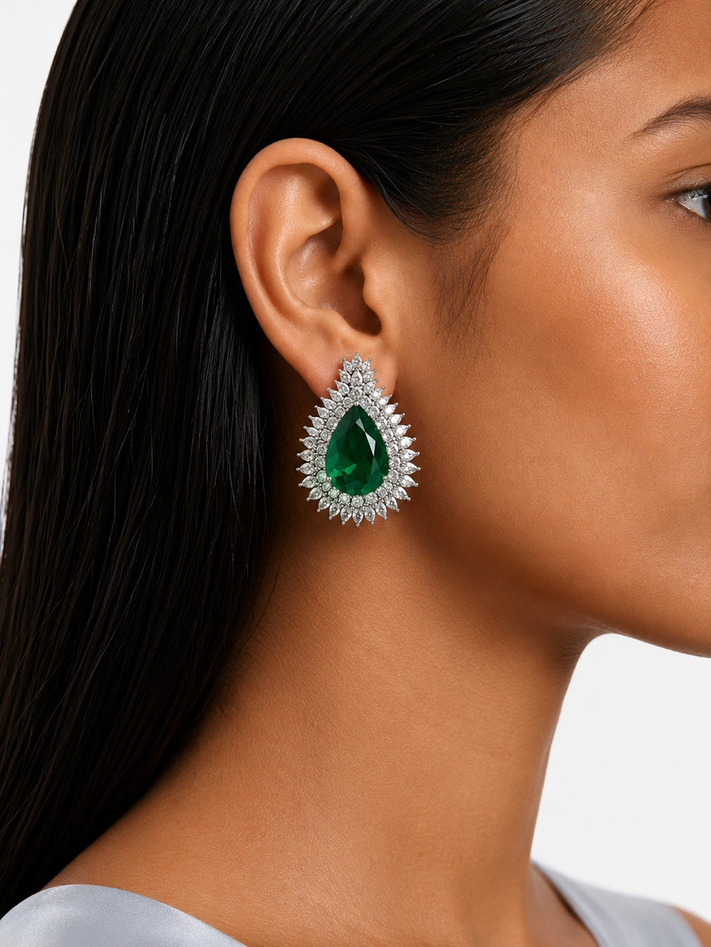 Veloura Emerald Diamond Like Zircon Double-Layer Necklace Set (Necklace & Earrings)