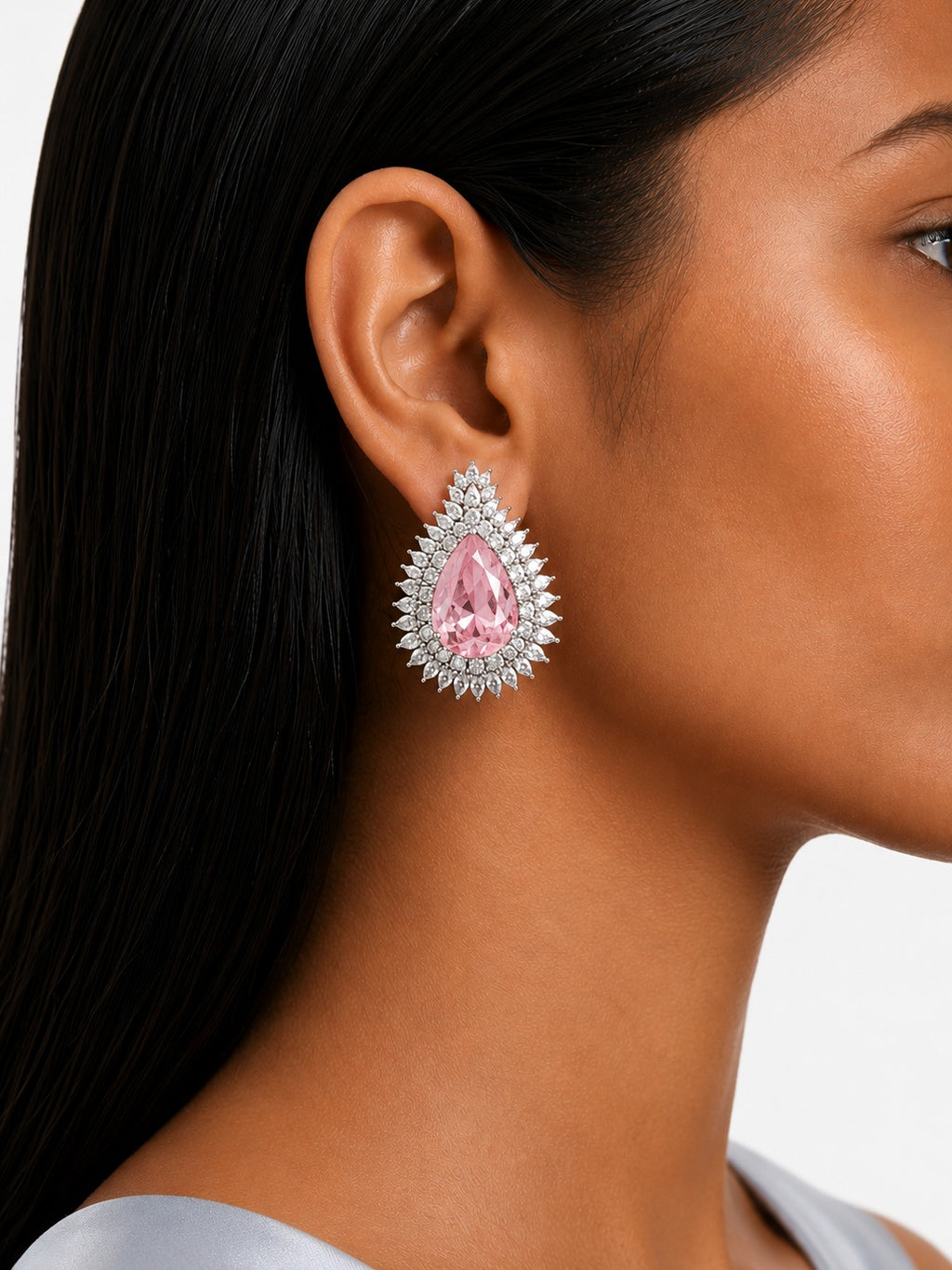 Veloura Pink Diamond & Diamond Like Zircon Double-Layer Necklace Set (Necklace & Earrings)