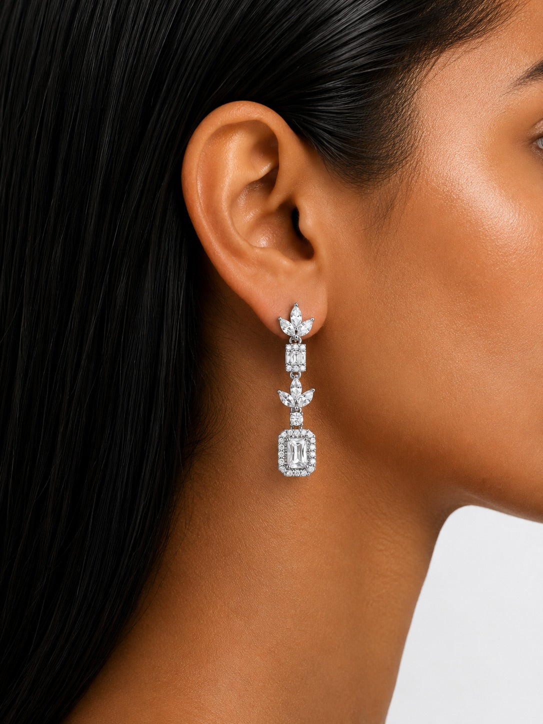 The Whisper Square Drop Diamond-Like Zircon Compressed Setting Statement Necklace Set (Necklace & Earrings)