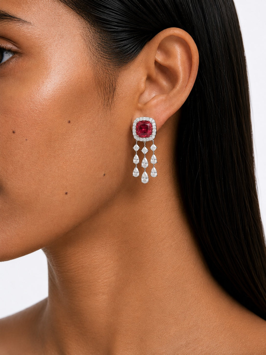 Regalia Ruby Square Diamond-Like Zircon Statement Pendant Necklace Set (Necklace & Earrings)
