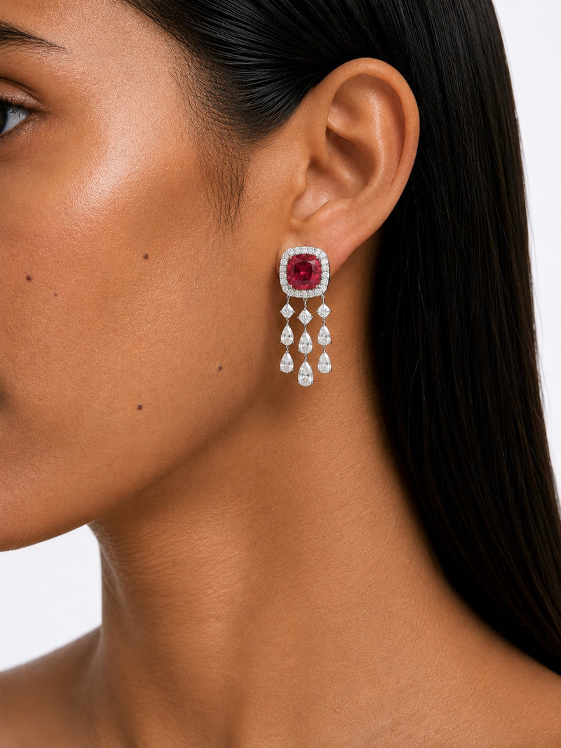 Regalia Ruby Square Diamond-Like Zircon Statement Pendant Necklace Set (Necklace & Earrings)