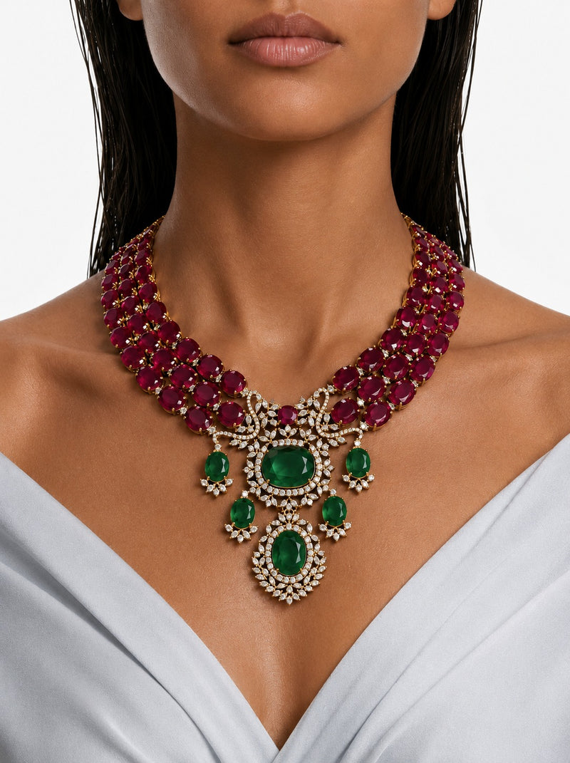 Zeenat Ruby & Emerald with Zircon Diamond Detailing Statement Necklace Set – Necklace & Earrings
