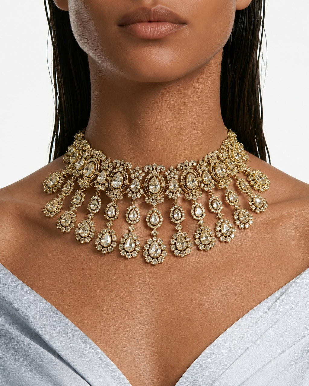 Aafiya Moissanite Polki Kundan with Zircon Diamond Detailing Statement Necklace Set – Necklace & Earrings