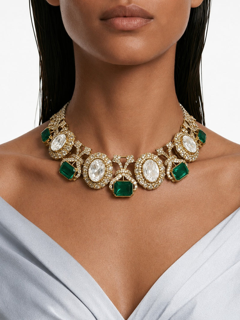 Rouhiya Emerald & Moissanite Polki Kundan with Zircon Diamond Detailing Statement Necklace Set – Necklace & Earrings