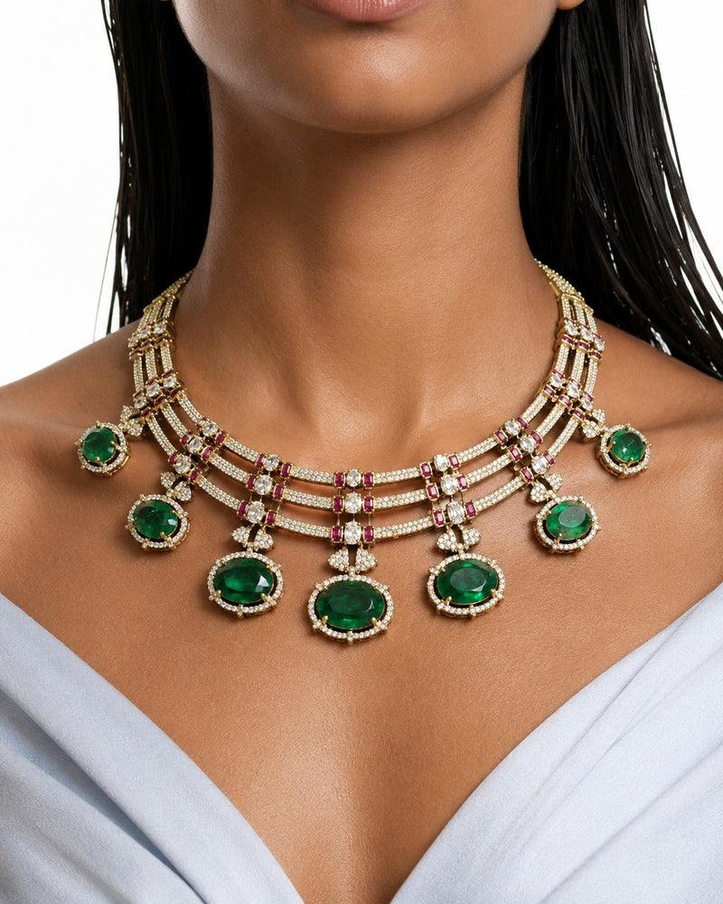 Raiha Emerald & Moissanite with Zircon Diamond Detailing Statement Necklace Set – Necklace & Earrings
