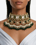 Raeesa Pearls, Emerald & Moissanite Polki Kundan with Zircon Diamond Detailing Bridal Choker Set – Necklace & Earrings