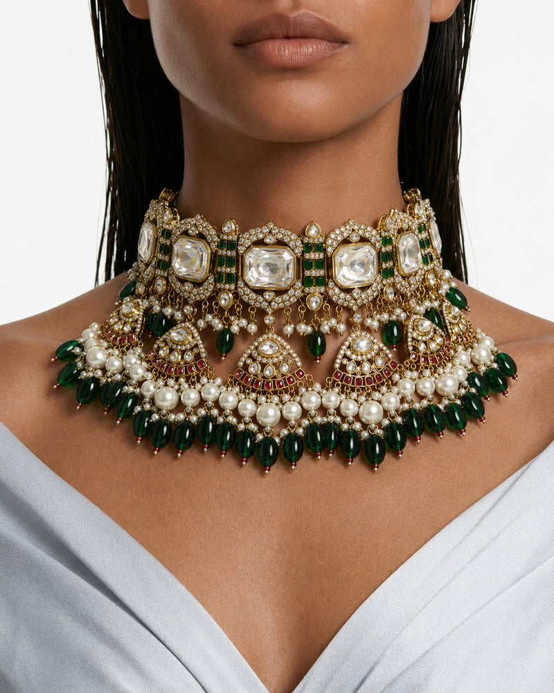 Raeesa Pearls, Emerald & Moissanite Polki Kundan with Zircon Diamond Detailing Bridal Choker Set – Necklace & Earrings