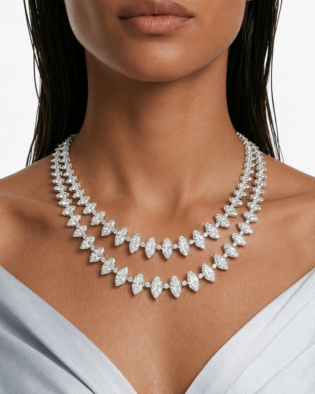 Rida Diamond-Like Zircon Double Layer Marquise Statement Necklace Set – Necklace & Earrings