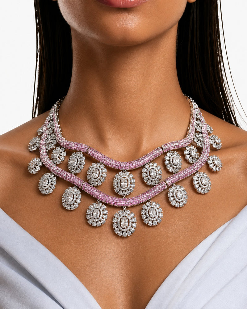 Areeba Pink Diamond-Like Zircon with Floral Halo Statement Necklace Set – Necklace & Earrings