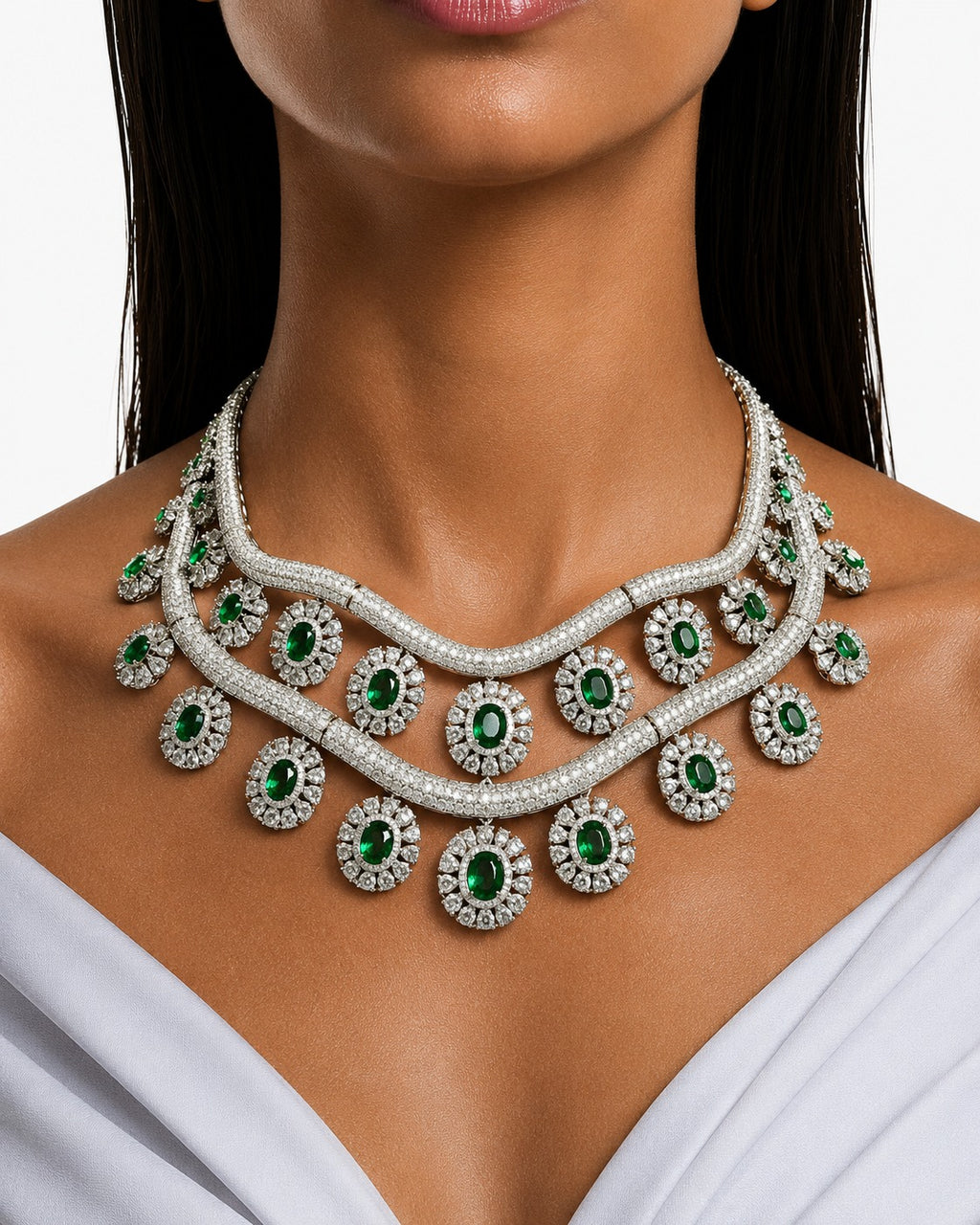 Areeba Emerald Diamond-Like Zircon with Floral Halo Statement Necklace Set – Necklace & Earrings